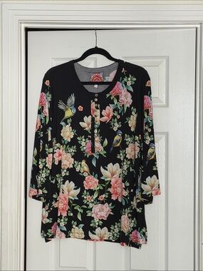 Johnny Was Black Tunic Top with Pink & Cream Floral Print